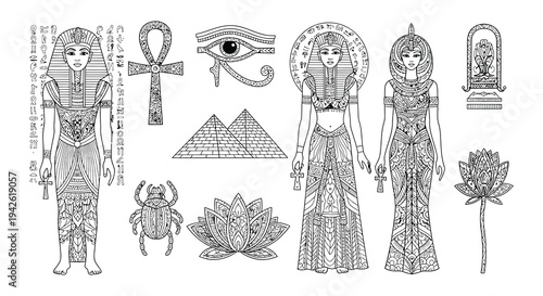 Intricate line art depicting ancient egyptian pharaohs and queens