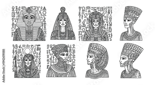 Intricate line art depicting ancient egyptian pharaohs and queens