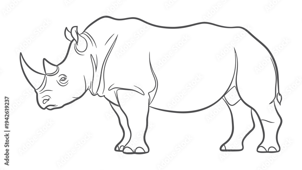 Fototapeta premium Rhino Illustration: A majestic rhinoceros, depicted in a detailed line art illustration, showcasing its imposing stature, powerful horn, and unique skin texture.