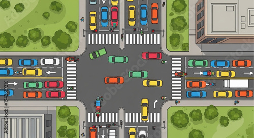 Aerial View of a Busy City Intersection with Cars and Pedestrians.