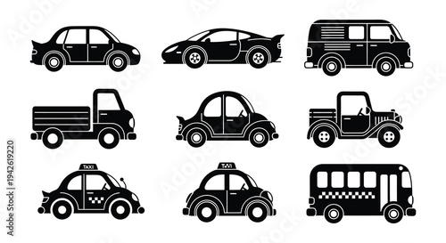 Collection of stylized black vehicle silhouettes in a grid arrangement