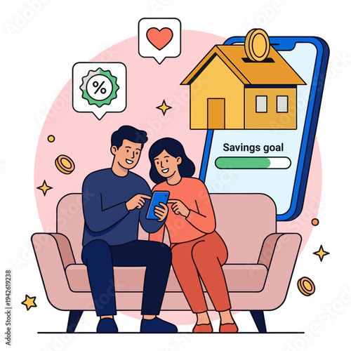 Couple sitting on a couch looking at phone with savings goal on screen