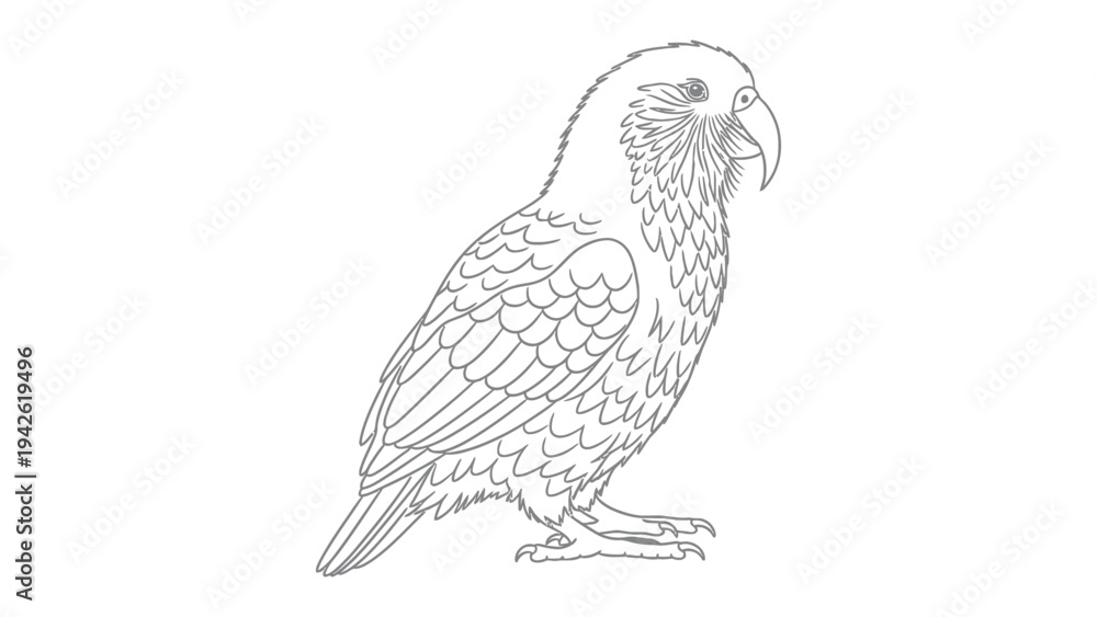 Fototapeta premium Parrot Outline Drawing: A detailed line drawing of a parrot, showcasing its unique feather patterns and distinctive beak, perfect for creative projects and educational materials.
