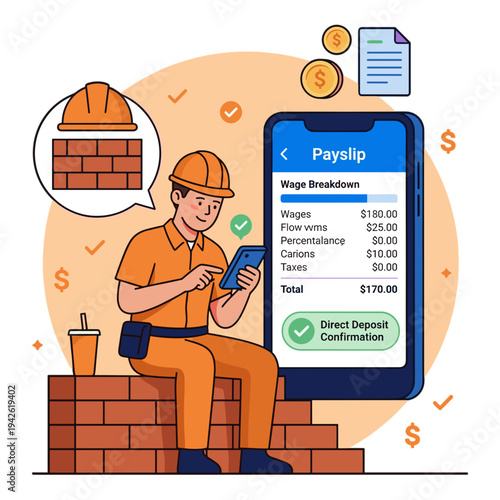 A construction worker checks his payslip on a smartphone outdoors.