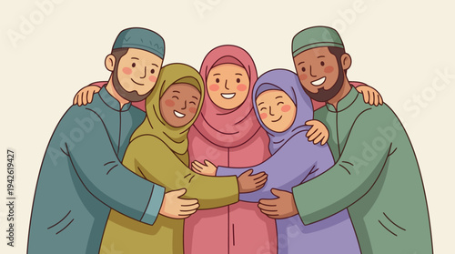 Diverse Muslim Group Embracing Joyfully for Eid Celebration Community and Islamic Holiday Greeting Illustrations