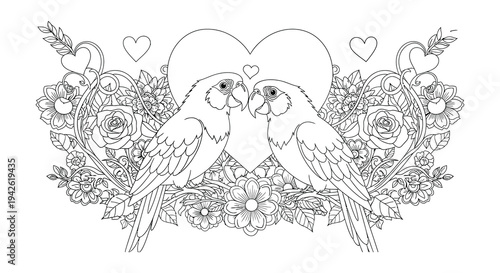 Two lovebirds perched among flowers and hearts in a detailed drawing