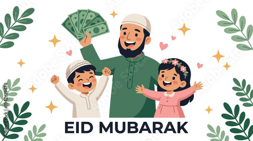Muslim Father Giving Eidi Money to Excited Children on Eid Mubarak for Islamic Holiday Greeting Illustrations