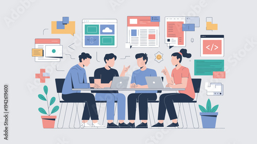 A group of diverse young professionals collaborating on a project with laptops and surrounded by coding and web development graphics