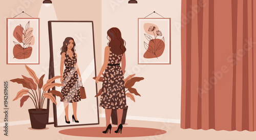 Elegant woman trying on a floral dress in a fitting room, vector illustration of fashion and style
