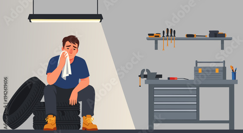 Tired Mechanic Wiping Sweat Sitting On Tires In Garage Workshop Vector Illustration