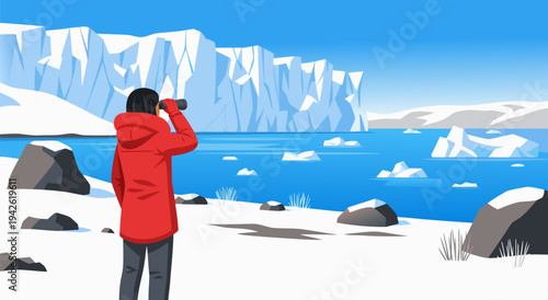 Vast Iceberg Landscape with Explorer Vector Illustration Journey of Discovery in Arctic Exploration