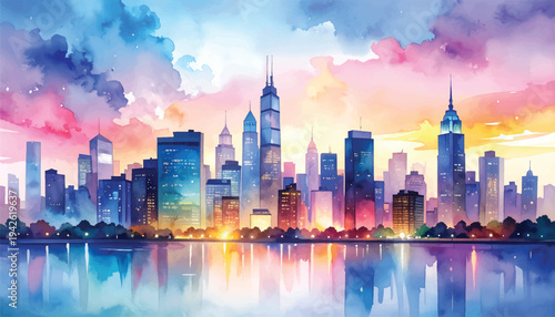 beautiful watercolor scene of a city skyline at twilight, with the sky transitioning from day to night in a blend of soft colors, building city watercolor