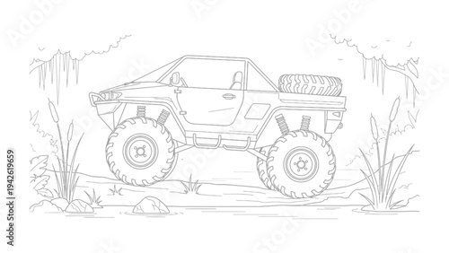 Off-Road Vehicle Concept Illustration: An off-road vehicle concept, ready to navigate challenging terrains, illustrated against a natural setting, evoking a sense of adventure and capability.