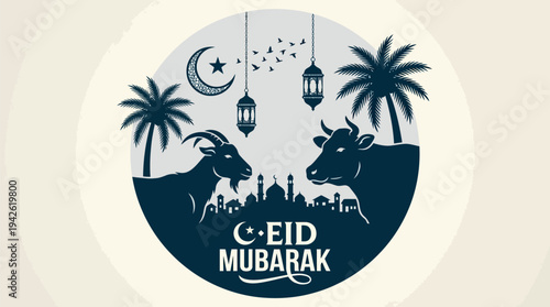 Eid Al Adha Mubarak Sacrifice Festival Poster with Goat and Cow Silhouette for Islamic Holiday Celebration Design