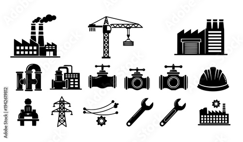 Black industrial building icons factory construction infrastructure