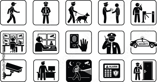 Professional Security and Surveillance Service Icons Set Featuring Security Guards CCTV Monitoring and Patrol Units