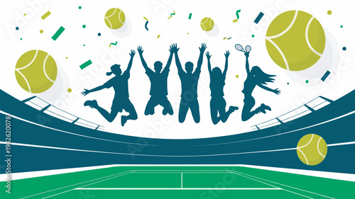 A group of happy friends celebrating a tennis victory on a green court with confetti and balls in the air