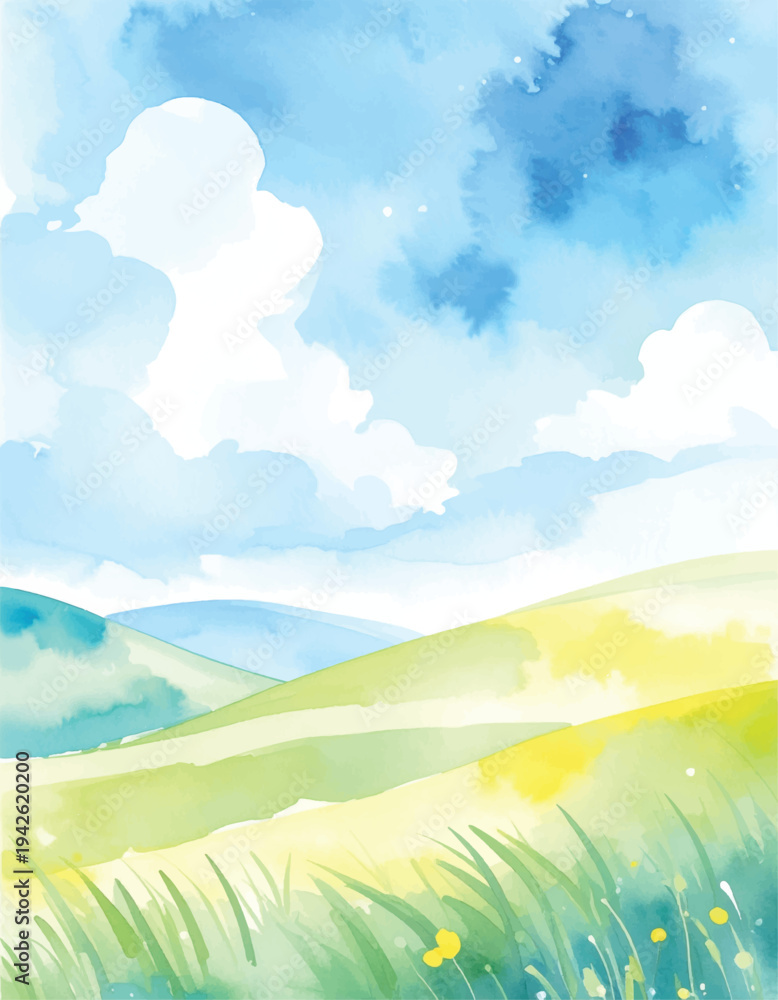 Naklejka premium A cute abstract watercolor illustration of soft pastel colors blue sky, meadow, meadow hill wallpaper background