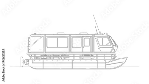 Arctic Exploration Vessel: A detailed line drawing showcases the design of an Arctic exploration vessel, engineered to navigate icy waters and withstand harsh environments.