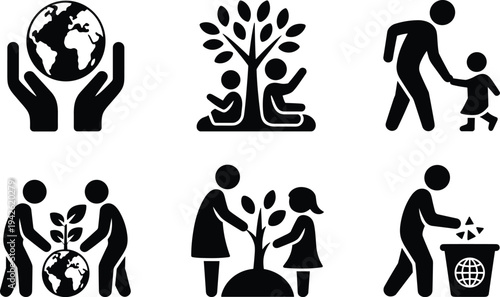Black Environmental Icon Set Showing People Planting Trees Protecting Earth Recycling Waste and Children Learning About Nature for Eco Friendly Design