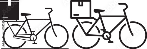 Bicycle delivery icon set with cargo box, black and white vector illustration