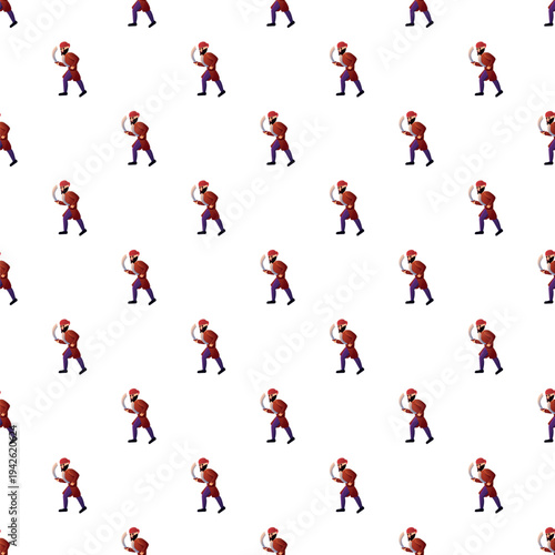 Repeating pattern of a cartoon pirate drawing his saber