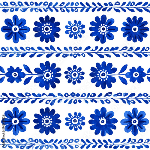 isolated clipart image of watercolor gouache blue and white borders strips floral folk easter seamless geometric pattern tile vector icon monochrome simple