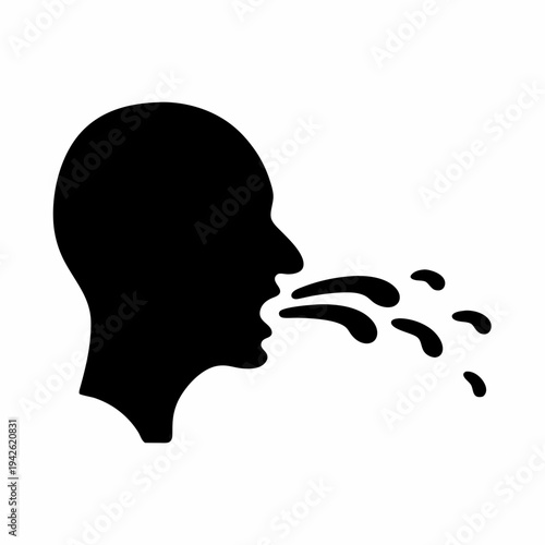 Person spitting, coughing or sneezing with droplets spreading as black silhouette