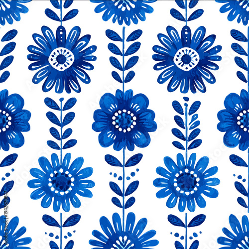 isolated clipart image of watercolor gouache blue and white borders strips floral folk easter seamless geometric pattern tile vector icon monochr
