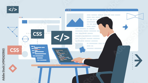 A man in a suit working on a laptop surrounded by coding symbols and web development elements.