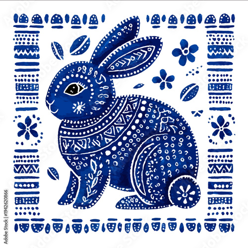 isolated clipart image of watercolor gouache blue and white borders strips folk easter bunny geometric pattern tile vector icon monochrome simple logo for