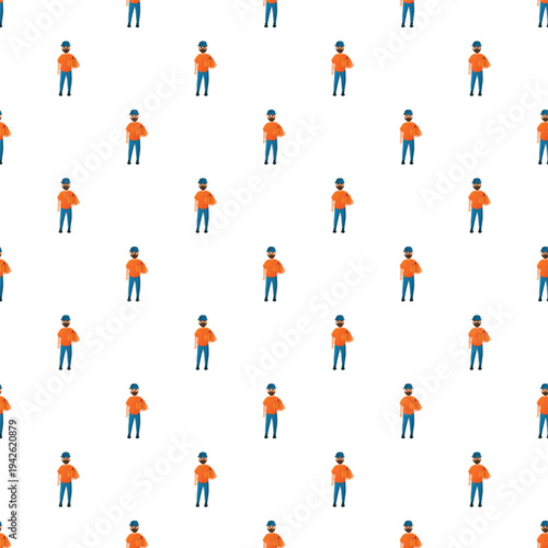 Orange t shirt delivery man worker standing with a package, creating a seamless pattern