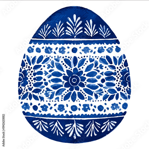isolated clipart image of watercolor gouache blue and white borders strips folk easter eggs geometric pattern tile vector icon monochrome simple logo for k