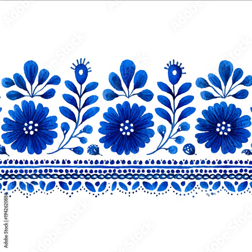 isolated clipart image of watercolor gouache blue and white borders strips floral folk easter seamless geometric pattern tile vector icon monochrome simple