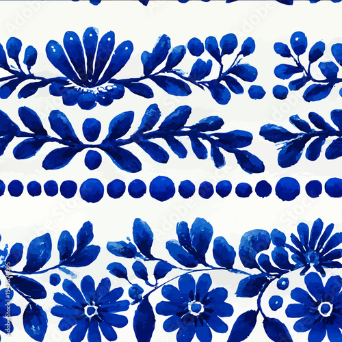 isolated clipart image of watercolor gouache geometric blue and white borders strips folk easter geometric pattern tile vector icon monochrome si