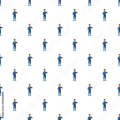 Handyman worker men standing in blue uniform creating a seamless pattern
