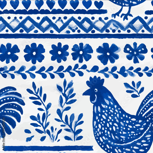 isolated clipart image of watercolor gouache blue and white borders strips folk easter chicken geometric pattern tile vector icon monochrome simp