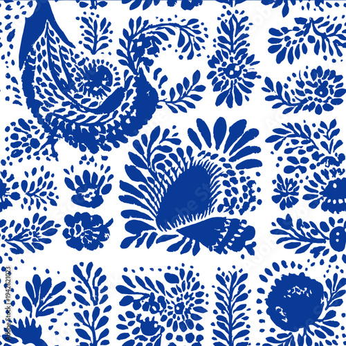 isolated clipart image of watercolor gouache blue and white borders strips folk easter chicken geometric pattern tile vector icon monochrome simple logo fo