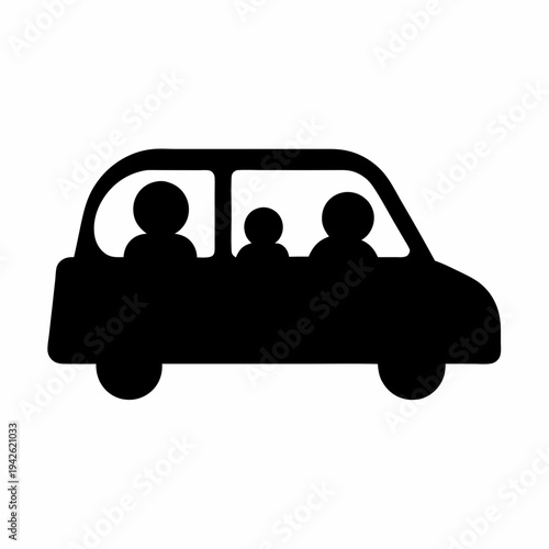 Stylized illustration of a car with three passengers in a black silhouette