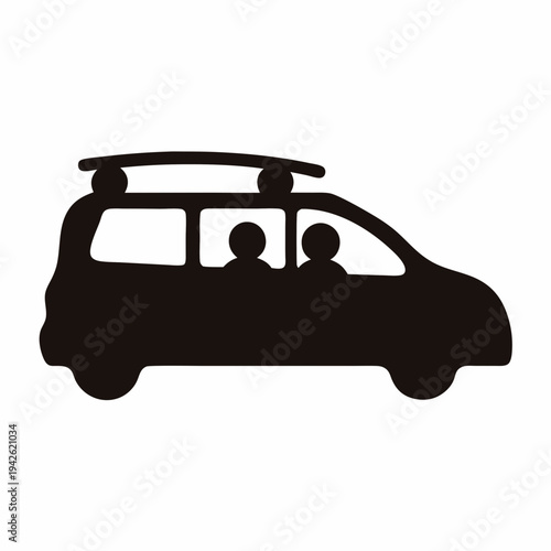 Stylized icon image featuring a minivan with passengers and luggage rack