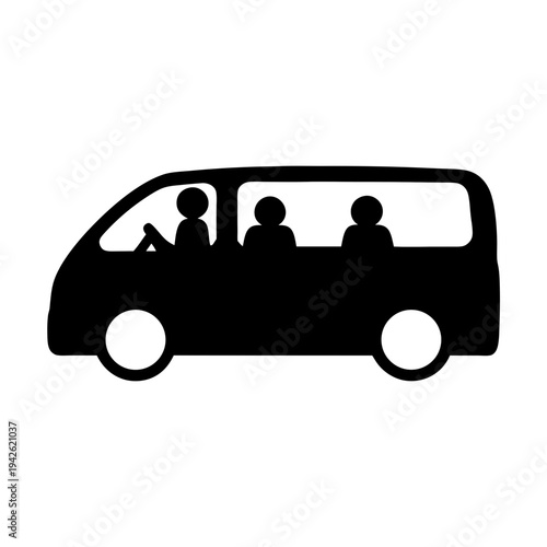 Black silhouette of a minibus or van with passengers inside, simple design