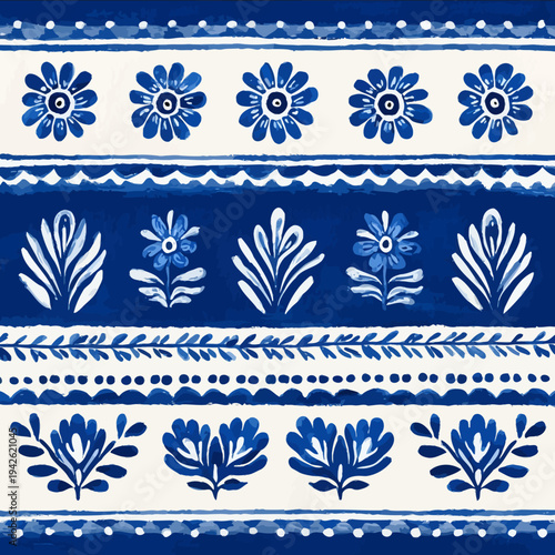 isolated clipart image of gouache blueand white borders strips floral folk easter geometric pattern tile vector icon monochrome simple logo for k