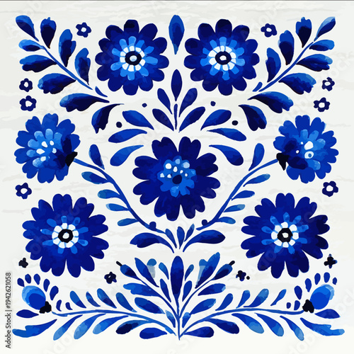 isolated clipart image of watercolor gouache blueand white borders strips floral folk easter geometric pattern tile vector icon monochrome simple