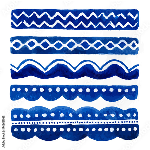 isolated clipart image of watercolor gouache blue and white borders strips folk easter geometric pattern tile vector icon monochrome simple logo for kids o