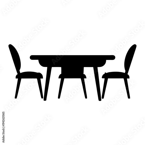 Minimalist black and white graphic of a dining table with two chairs