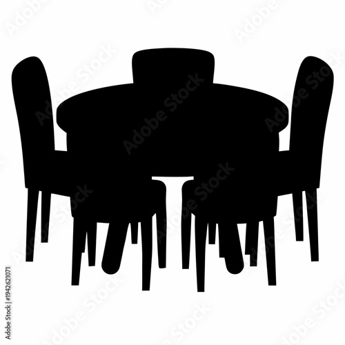 Silhouette of a round table surrounded by four high back chairs