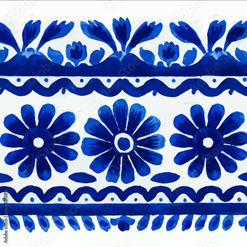 isolated clipart image of watercolor gouache blueand white borders strips floral folk easter geometric pattern tile vector icon monochrome simple logo for