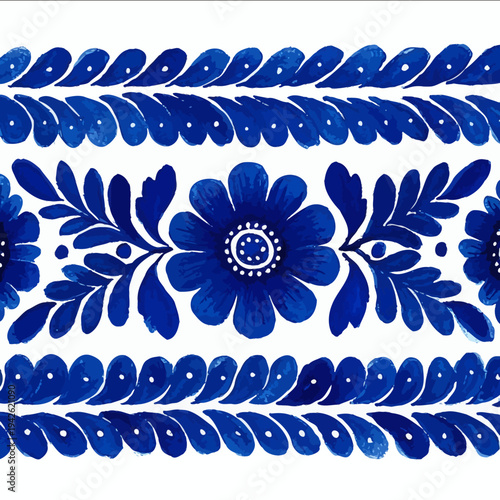 isolated clipart image of watercolor gouache blueand white borders strips floral folk easter geometric pattern tile vector icon monochrome simple