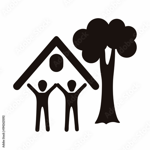 Stylized monochrome drawing featuring a house, people and a tree