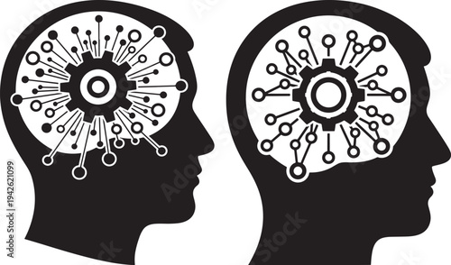 Human head profile with abstract neural network inside, black and white concept icon